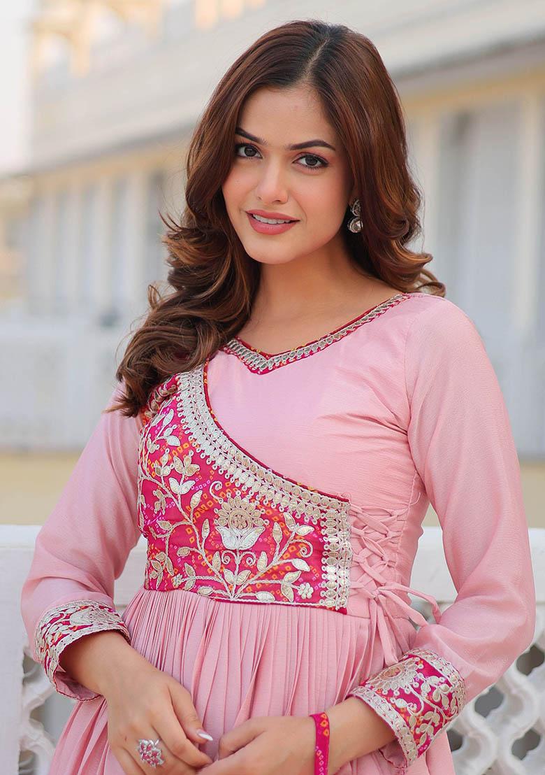 Pink Bandhani Print Chinon Anarkali Set