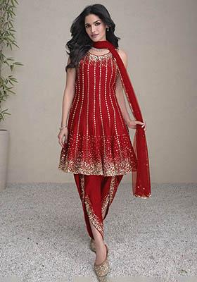 Red Sequin Embroidered Silk Kurta Set