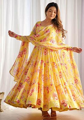 Yellow Floral Print Georgette Kurta Set