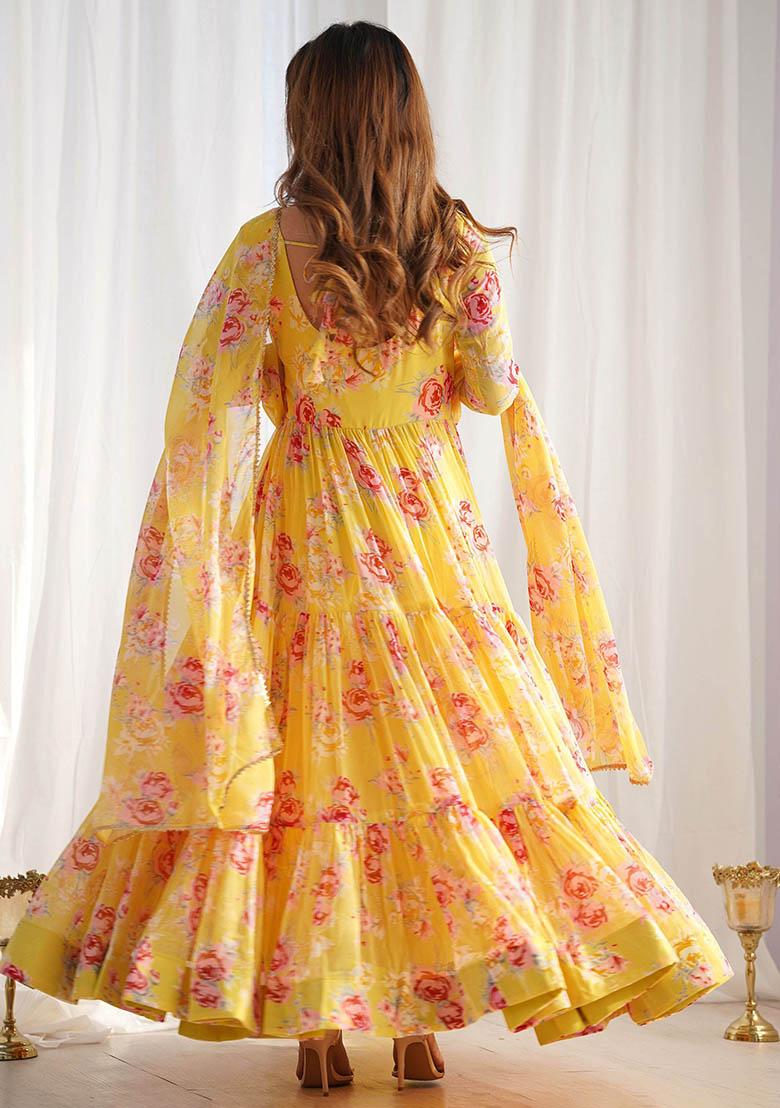 Yellow Floral Print Georgette Kurta Set