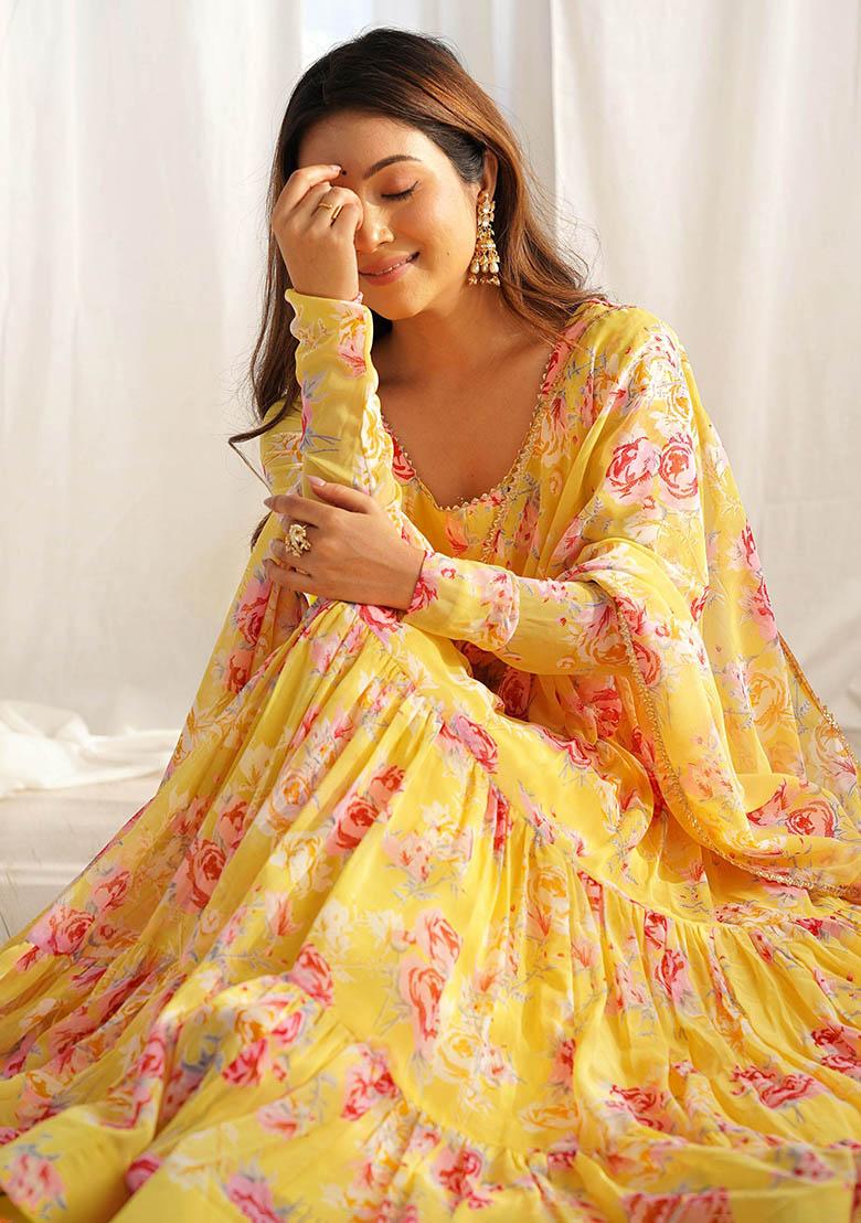 Yellow Floral Print Georgette Kurta Set