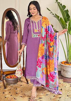 Purple Embroidered Viscose Kurta Set