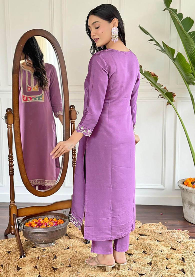 Purple Embroidered Viscose Kurta Set