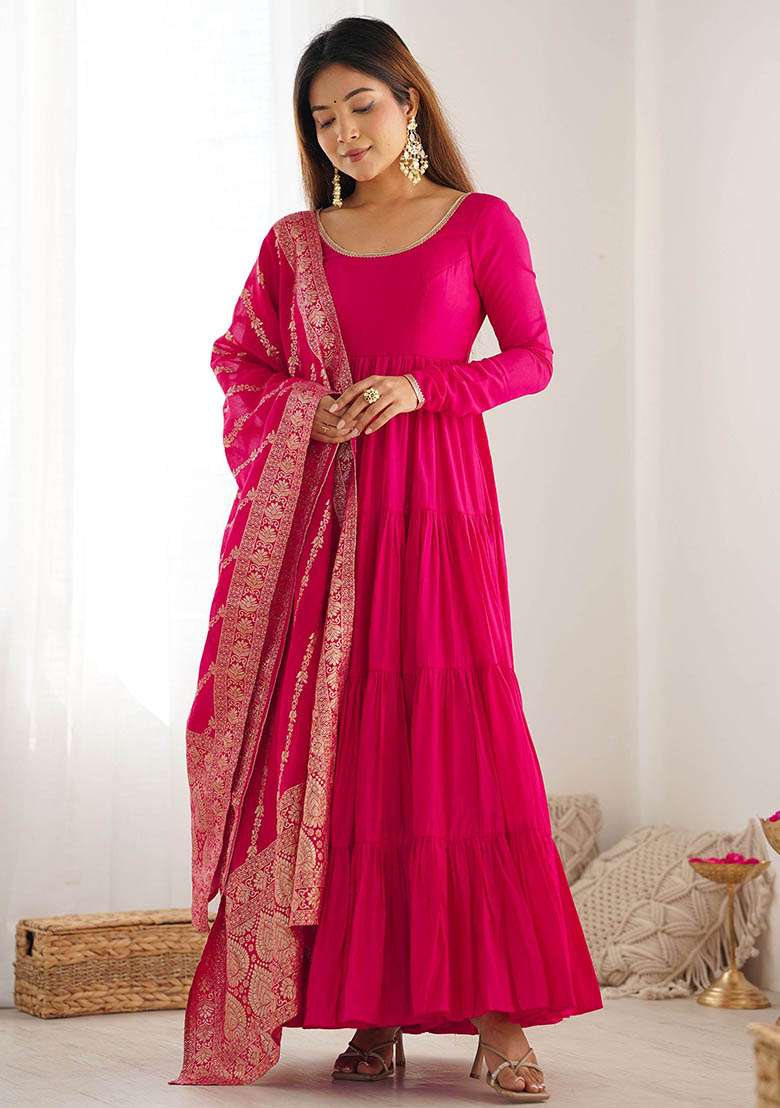 Pink Embroidered Silk Kurta Set - Indya