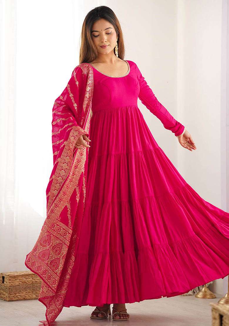 Pink Embroidered Silk Kurta Set - Indya