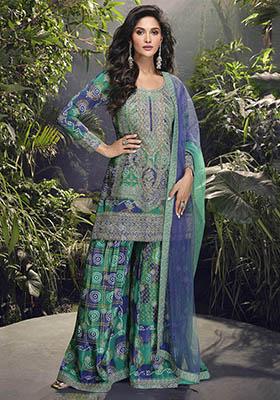 Blue Embroidered Chinon Kurta Set