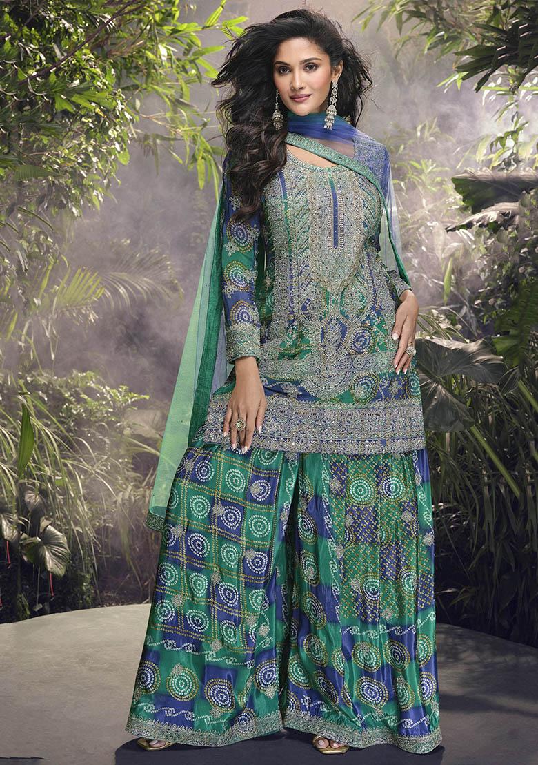 Blue Embroidered Chinon Kurta Set