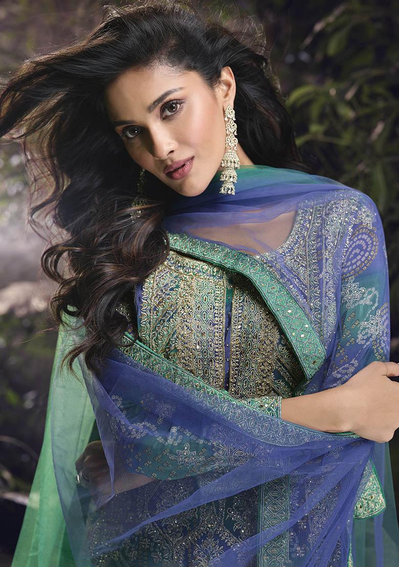 Blue Embroidered Chinon Kurta Set