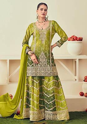 Green Embroidered Chinon Kurta Set