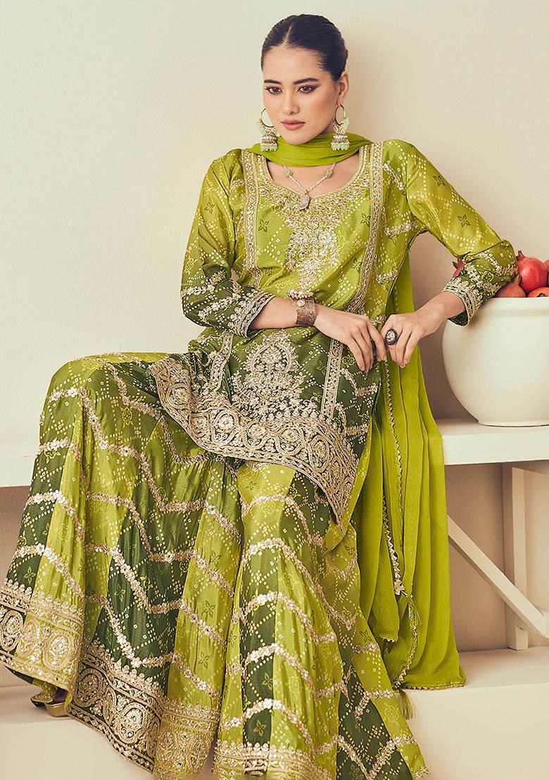 Green Embroidered Chinon Kurta Set