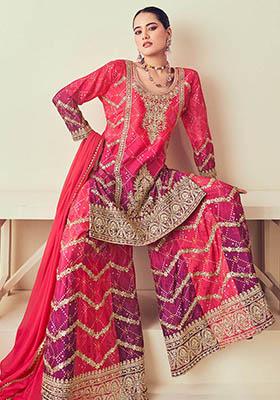 Red Embroidered Chinon Kurta Set