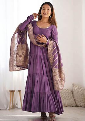 Purple Embroidered Banarasi Silk  Kurta Set