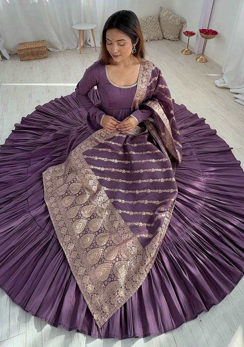 Purple Embroidered Banarasi Silk  Kurta Set - Indya