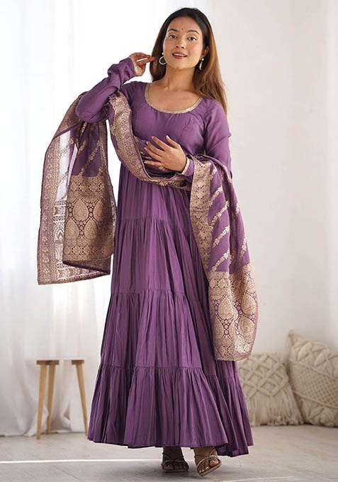 Purple Embroidered Banarasi Silk  Kurta Set