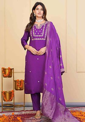 Purple Embroidered Viscose Kurta Set
