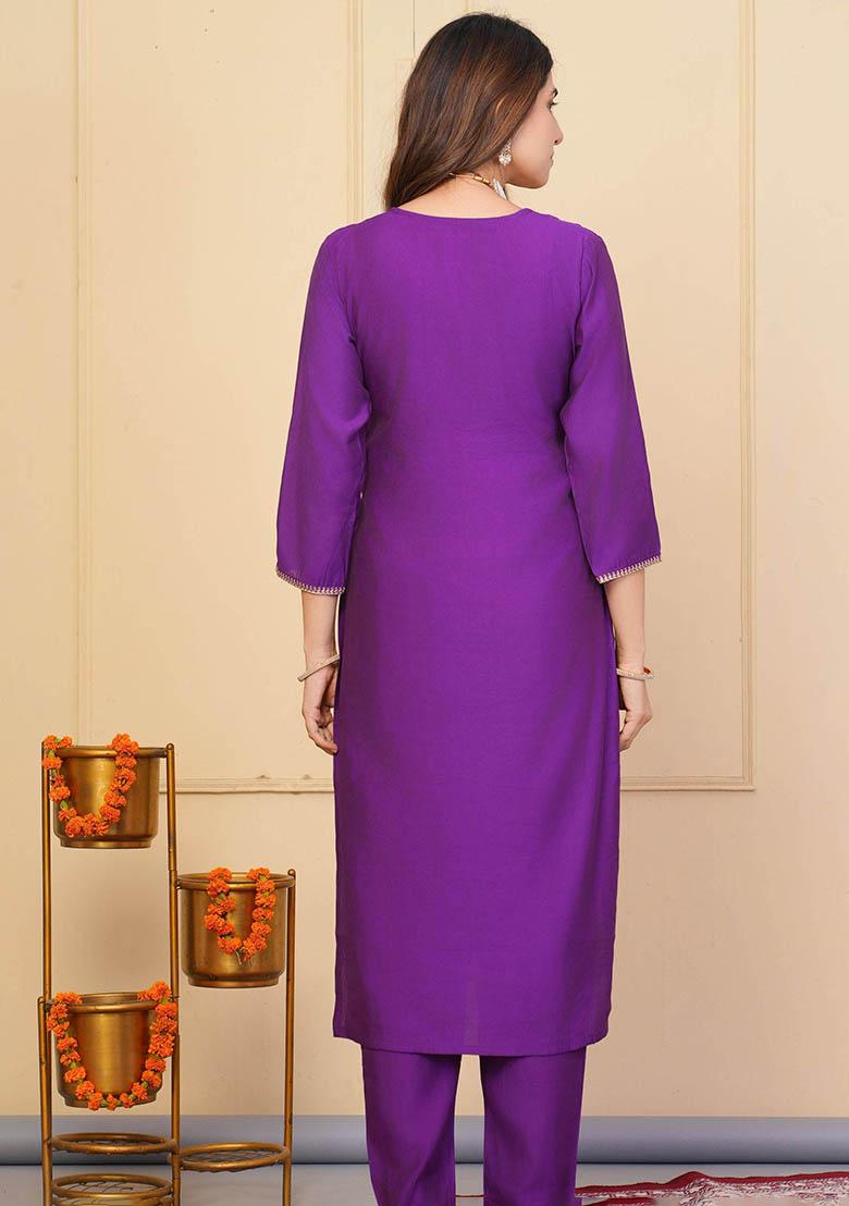 Purple Embroidered Viscose Kurta Set