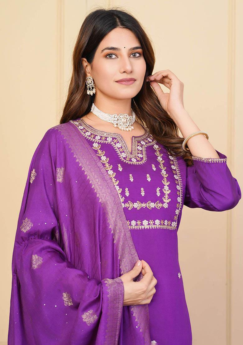 Purple Embroidered Viscose Kurta Set