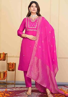 Pink Embroidered Viscose Kurta Set