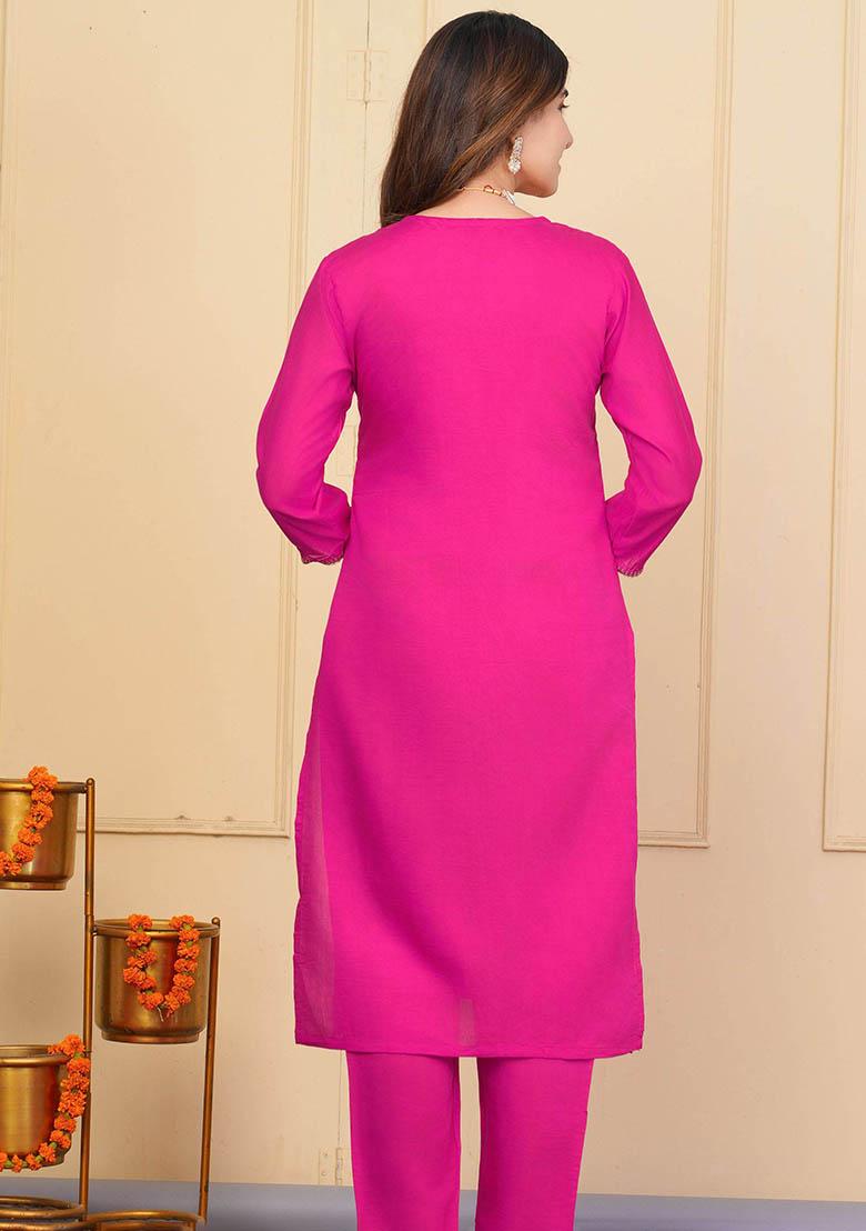 Pink Embroidered Viscose Kurta Set