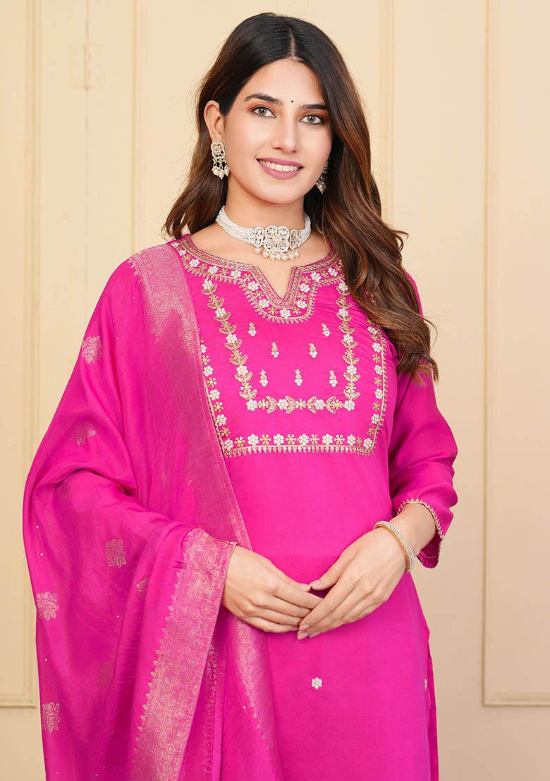 Pink Embroidered Viscose Kurta Set