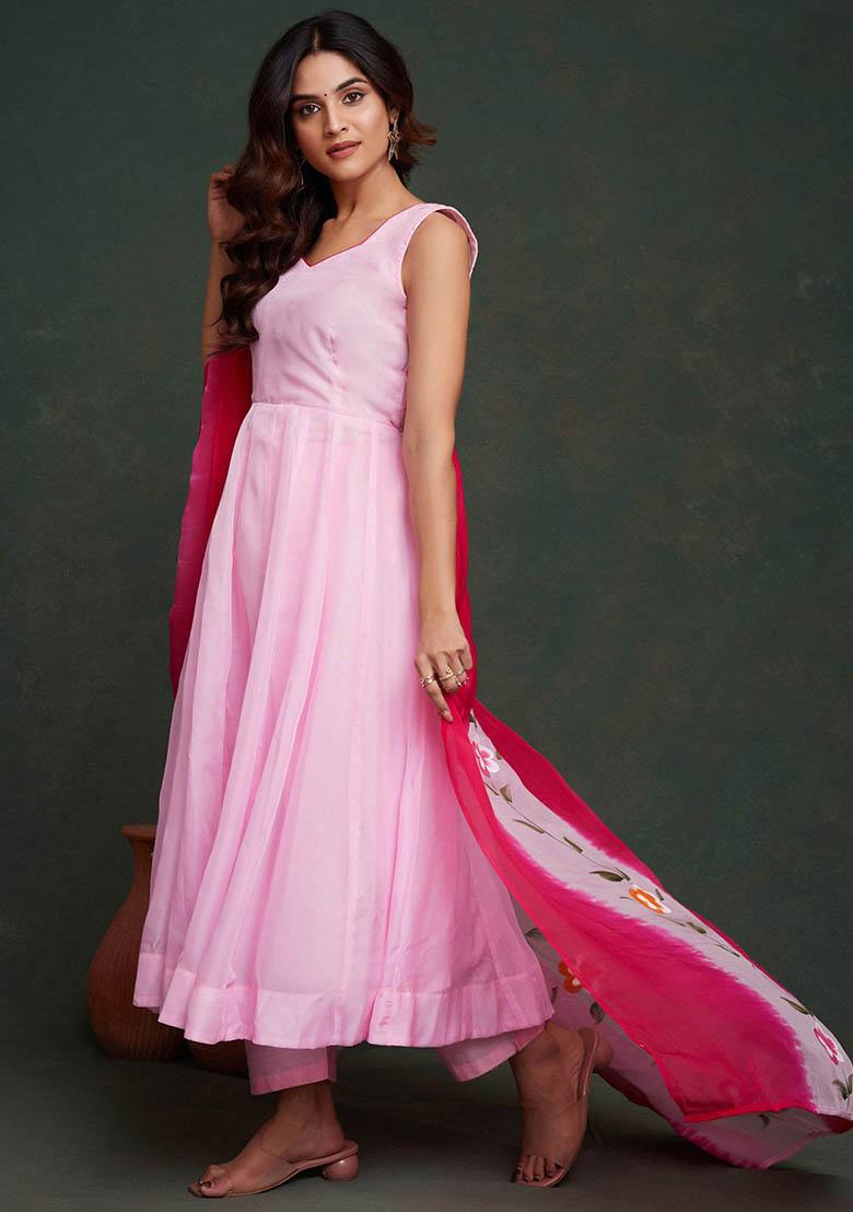 Pink Printed Organza Kurta Set