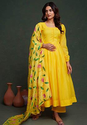 Yellow Printed Organza Kurta Set