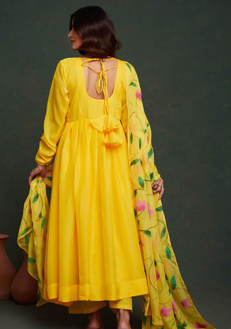 Yellow Printed Organza Kurta Set