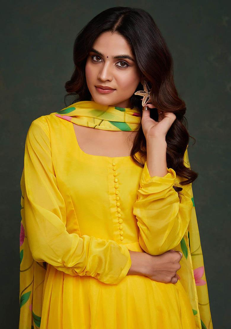 Yellow Printed Organza Kurta Set