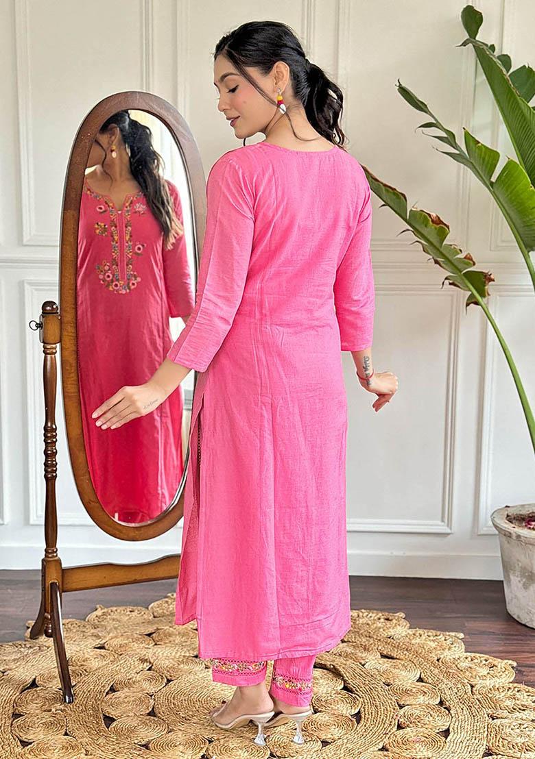 Pink Floral Print Viscose Kurta Set