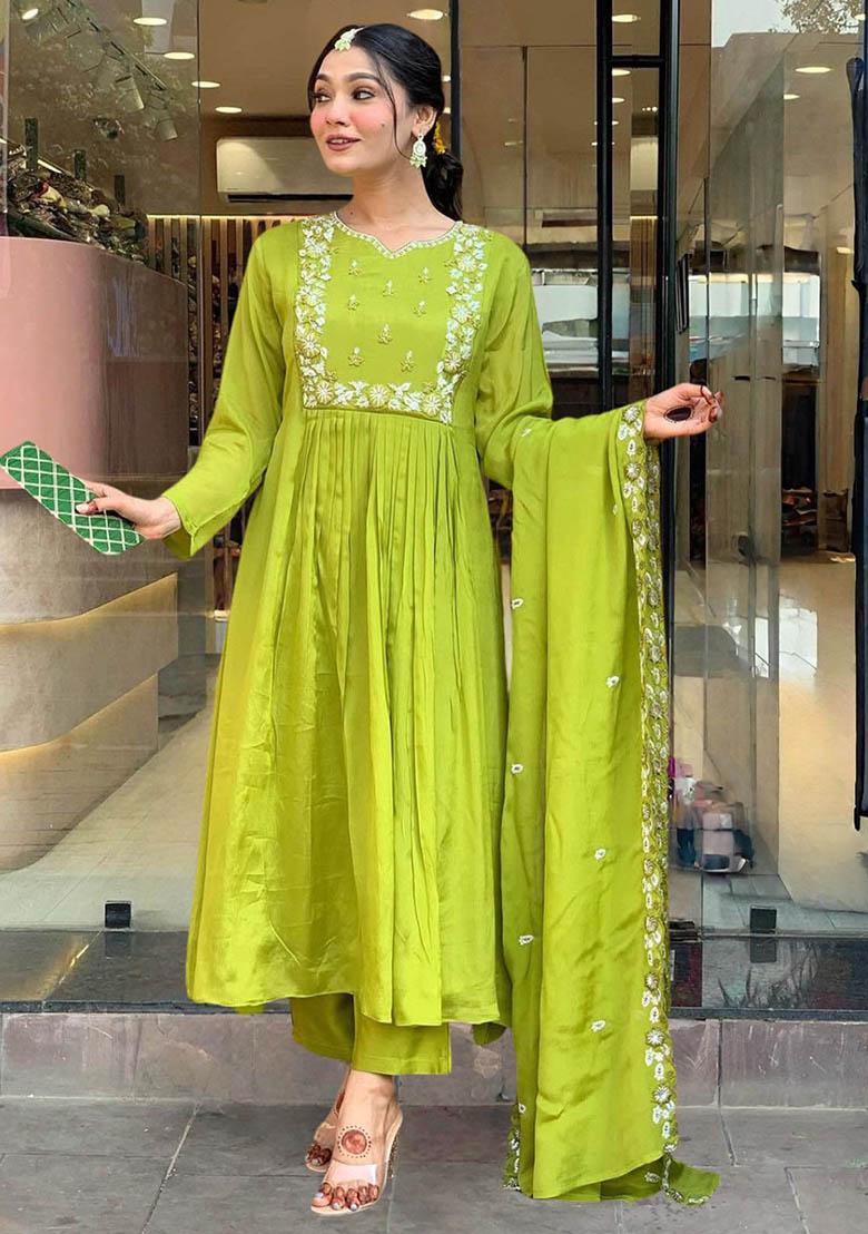 Green Embroidered Chinon Kurta Set