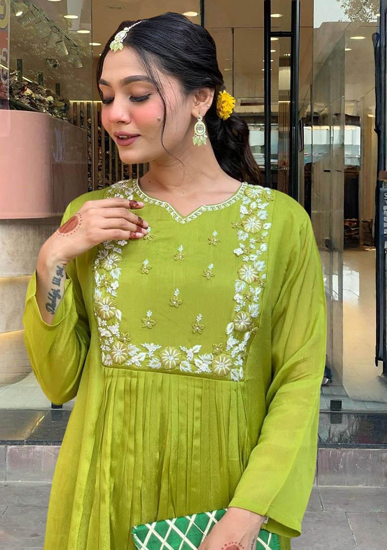Green Embroidered Chinon Kurta Set