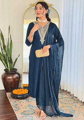 Blue Embroidered Rayon Kurta Set