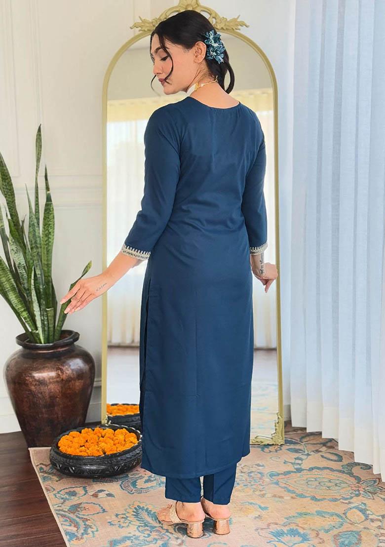 Blue Embroidered Rayon Kurta Set