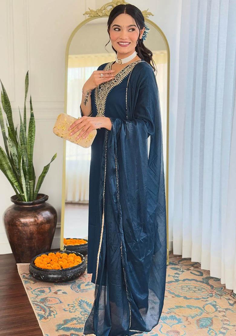 Blue Embroidered Rayon Kurta Set