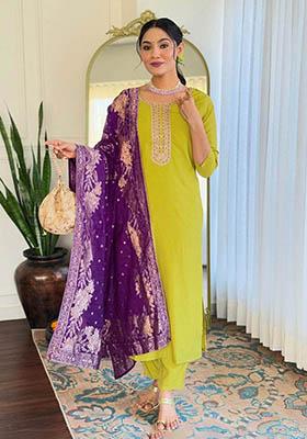 Green Embroidered Viscose Kurta Set