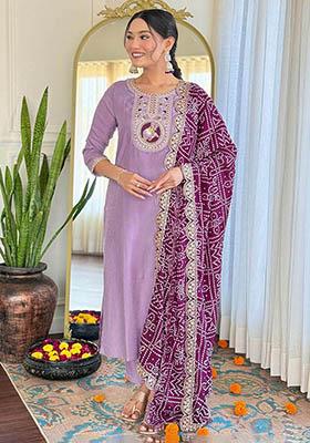 Lavender Bandhani Print Viscose Kurta Set