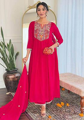 Red Embroidered Viscose Kurta Set