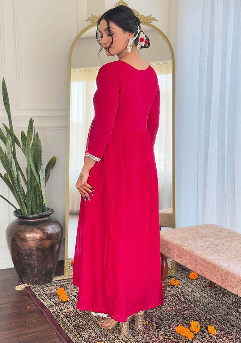 Red Embroidered Viscose Kurta Set