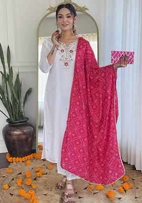 White Embroidered Viscose Kurta Set
