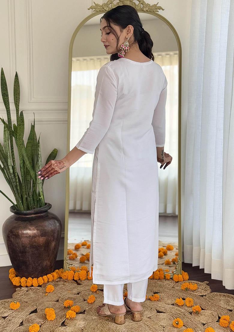 White Embroidered Viscose Kurta Set