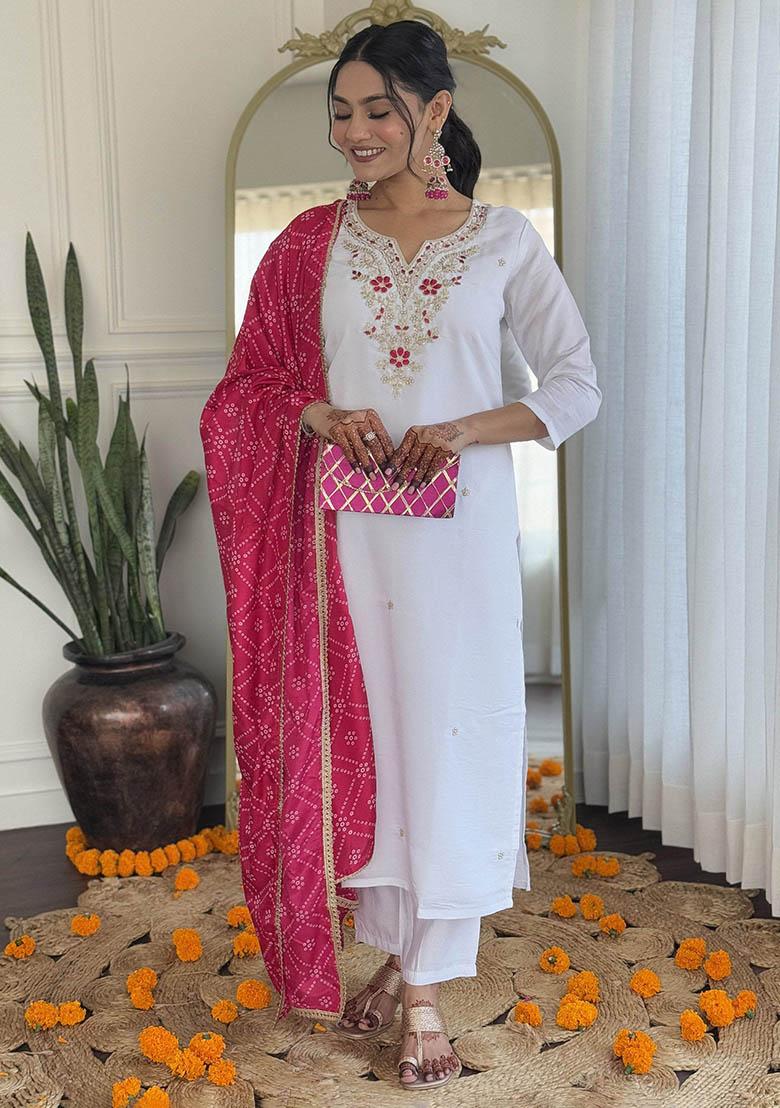 White Embroidered Viscose Kurta Set
