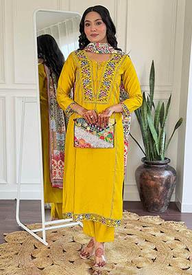 Yellow Floral Print Viscose Kurta Set