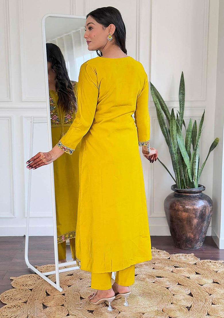 Yellow Floral Print Viscose Kurta Set