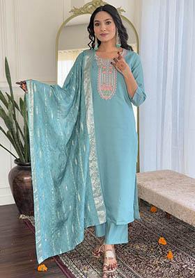 Sky Blue Embroidered Chanderi Kurta Set