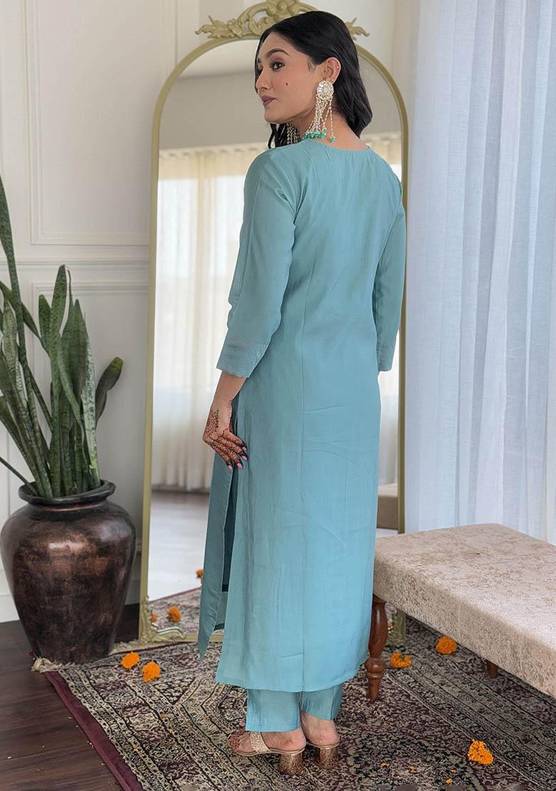Sky Blue Embroidered Chanderi Kurta Set