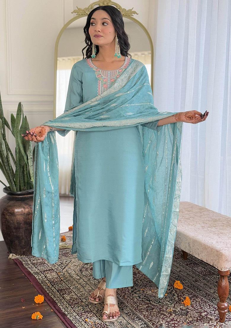 Sky Blue Embroidered Chanderi Kurta Set