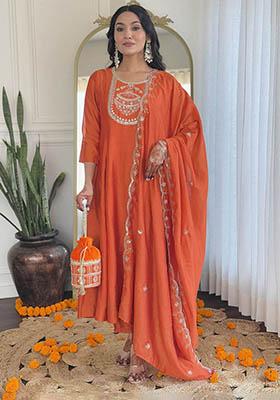 Orange Embroidered Silk Kurta Set
