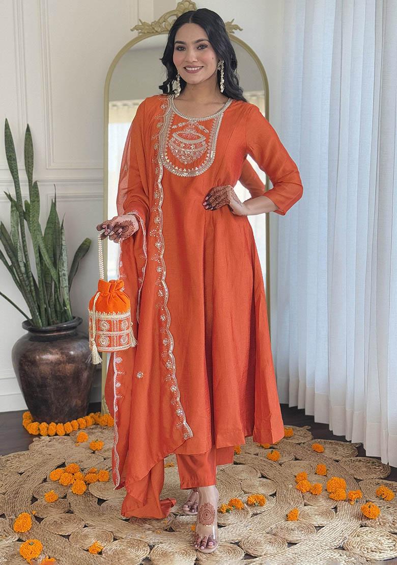 Orange Embroidered Silk Kurta Set