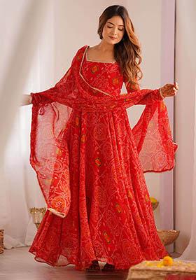 Red Bandhani Print Georgette Kurta Set