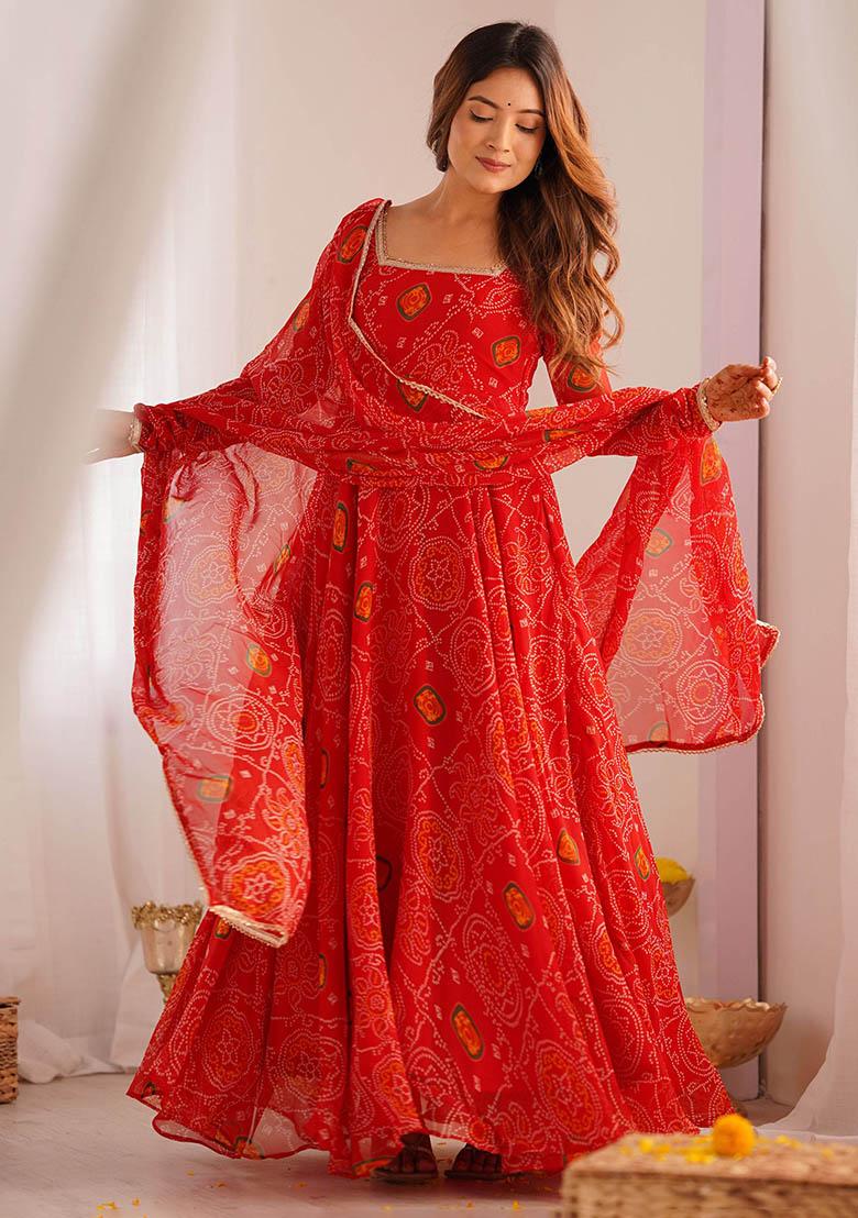 Red Bandhani Print Georgette Kurta Set
